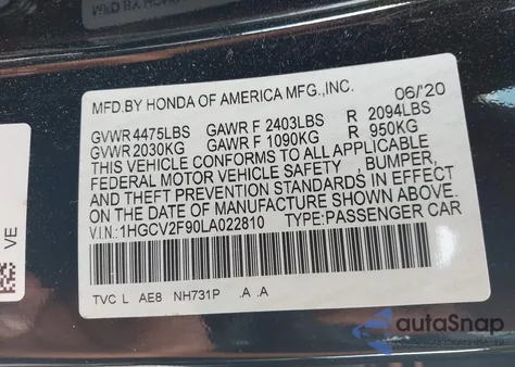 2020 Honda Accord Touring from USA, damaged, VIN 1HGCV2F90LA022810